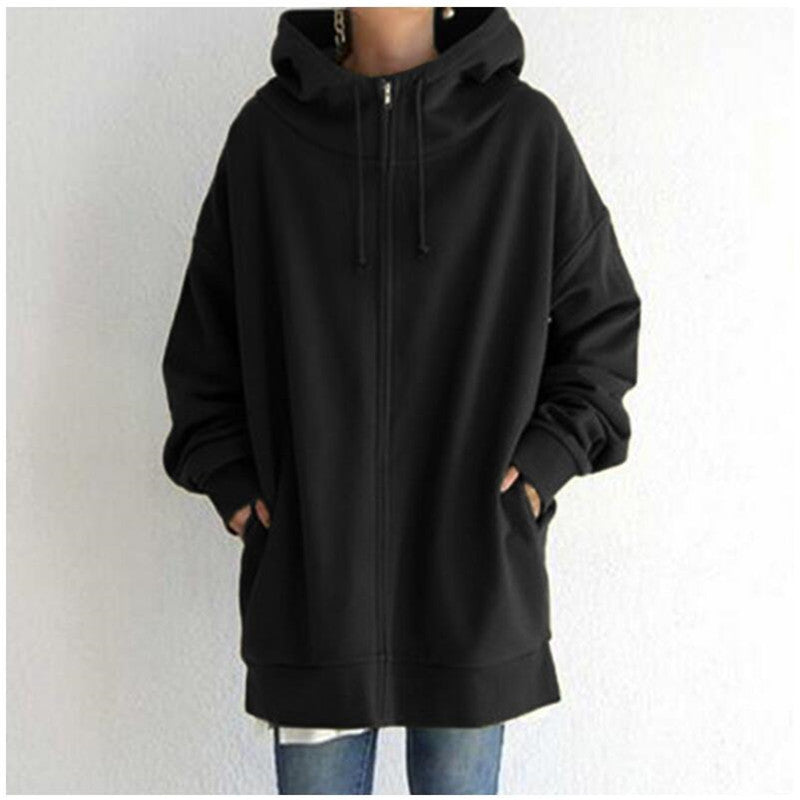 Dames Comfortabele Oversized Hoodie Met Rits En Capuchon in Zwart