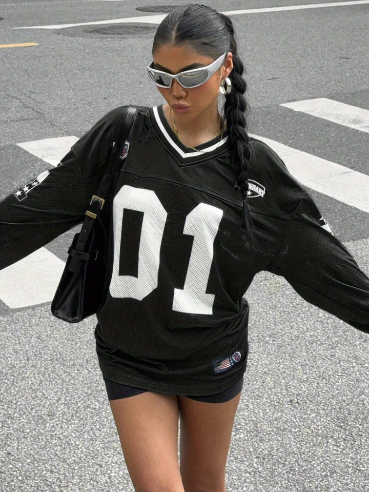 Dames Oversized Football Shirt Met Nummerprint En Patches in Zwart