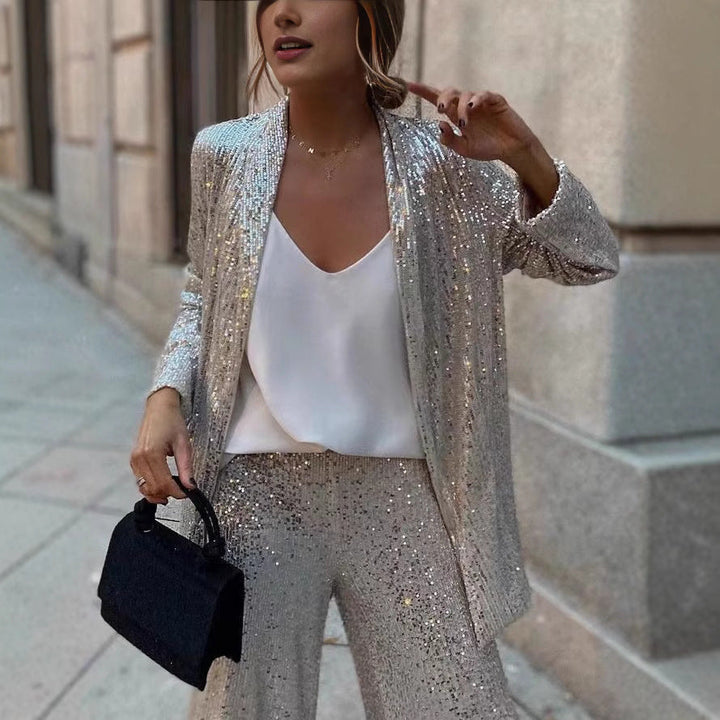 Dames Feestelijke Pailletten Set Met Wijde Broek En Blazer in Zilver