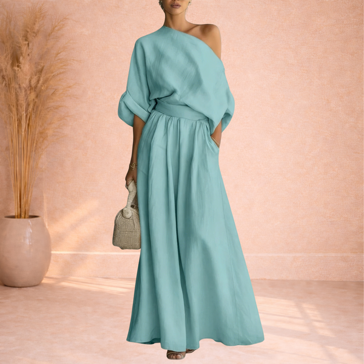 Dames Tweedelige Set Met One Shoulder Top En Wijde Broek in Blauw