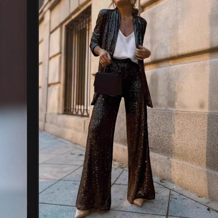 Dames Feestelijke Pailletten Set Met Wijde Broek En Blazer in Zwart