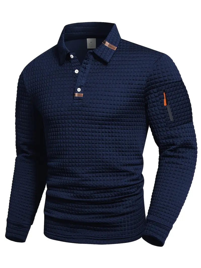 Heren poloshirt met lange mouwen en wafelstructuur