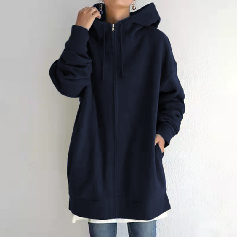 Dames Comfortabele Oversized Hoodie Met Rits En Capuchon detailfoto 6