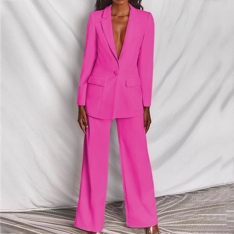 Damespakset in fuchsia met blazer en wijde pantalon