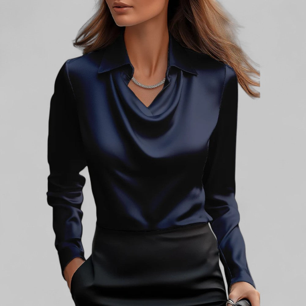 Dames satijnen blouse met watervalhals 13