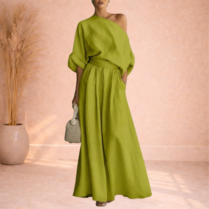 Dames Tweedelige Set Met One Shoulder Top En Wijde Broek in Limoengroen