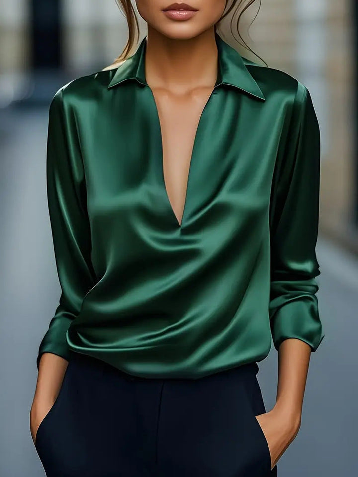 Dames Veelzijdige Blouse Met Satijnen Look En Diepe V Hals in Groen