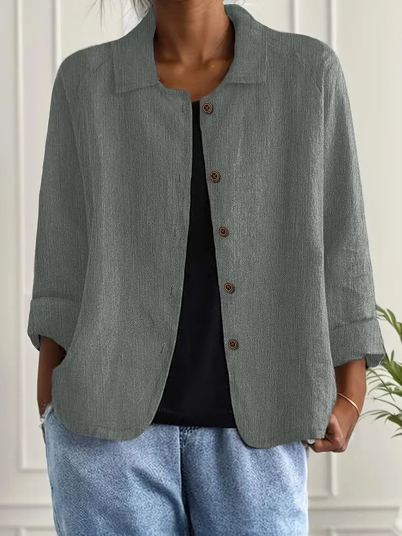 Dames Licht Jasje In Linnenlook Met Kraag En Knoopsluiting in Grijs