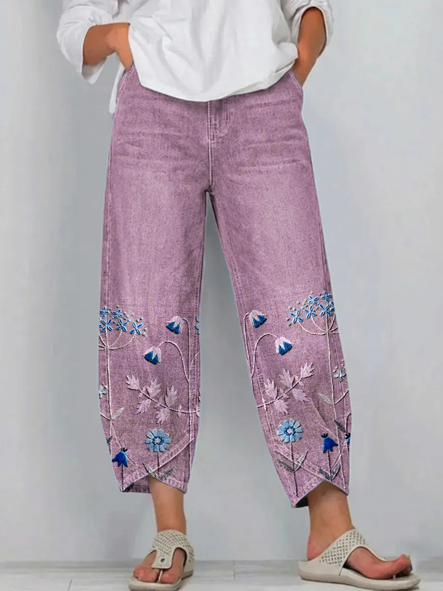 Dames cropped broek met bloemenborduursel en gesplitte zoom - afbeelding 6