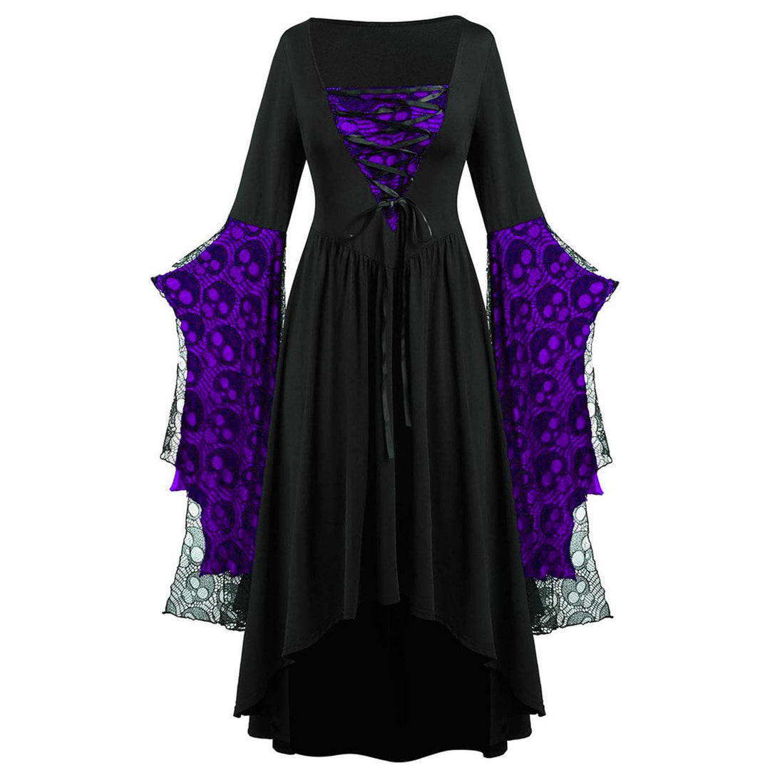 Dames Elegante Maxi Jurk Met Kanten Mouwen En Vierkante Hals in Zwart/Paars