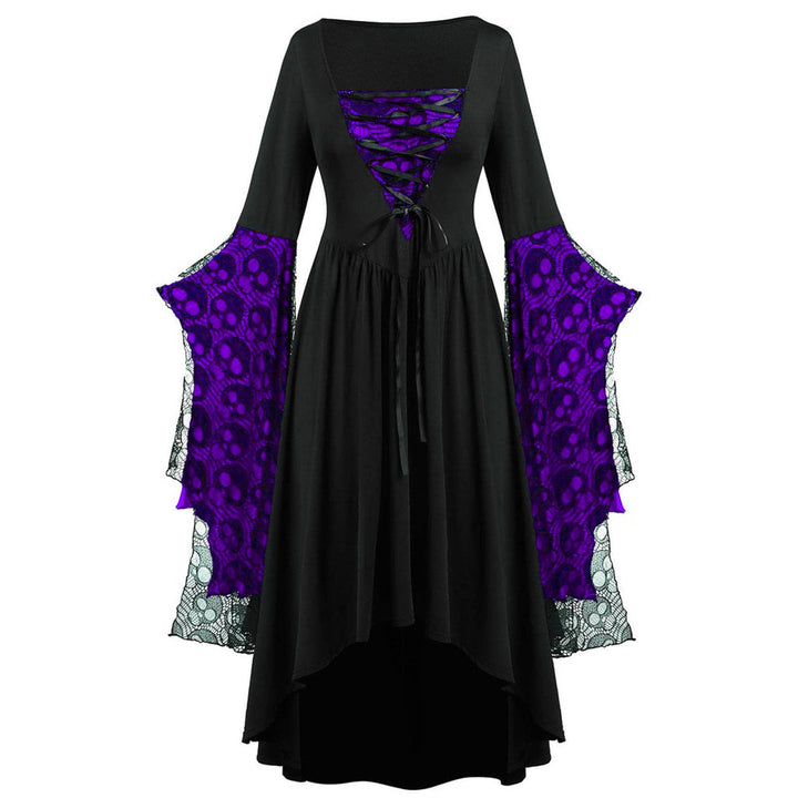 Dames Elegante Maxi Jurk Met Kanten Mouwen En Vierkante Hals in Zwart/Paars
