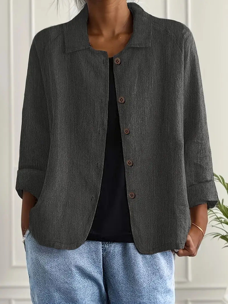 Dames Licht Jasje In Linnenlook Met Kraag En Knoopsluiting in Donkergrijs