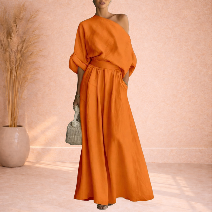 Dames Tweedelige Set Met One Shoulder Top En Wijde Broek in Oranje