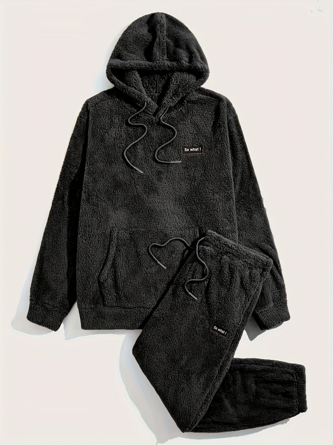 Heren Teddy Fleece Huispak Met Capuchon En Joggingbroek in Zwart