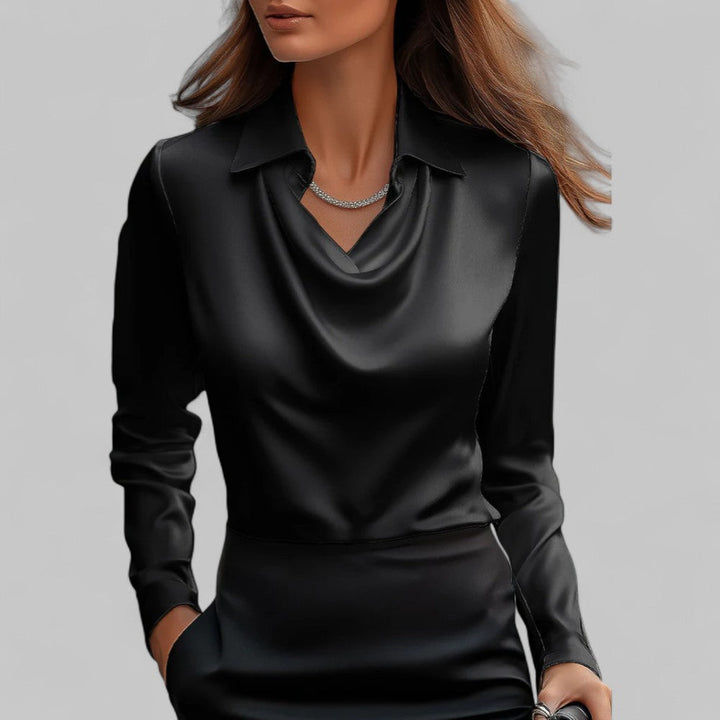 Dames satijnen blouse met watervalhals 8
