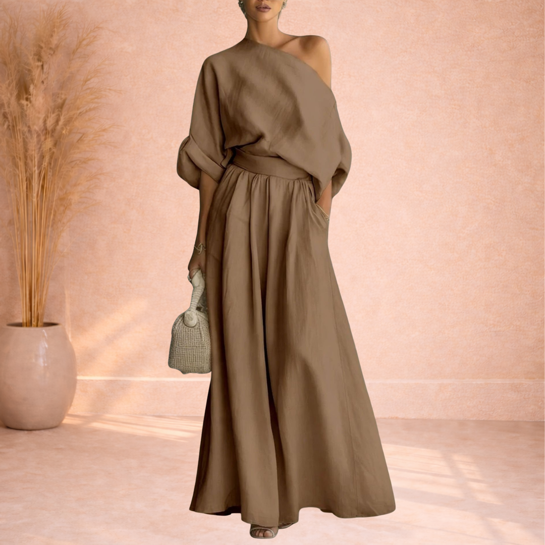 Dames Tweedelige Set Met One Shoulder Top En Wijde Broek in Bruin