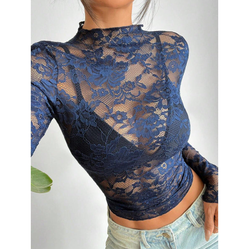 Dames Aansluitende Kanten Top Met Bloemenpatroon En Stretch in Blauw