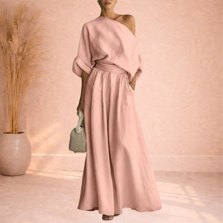 Dames Tweedelige Set Met One Shoulder Top En Wijde Broek in Roze