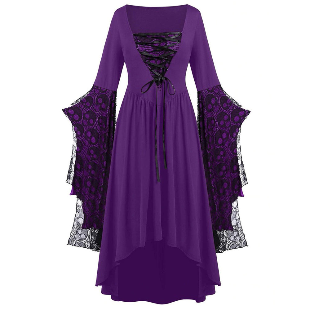 Dames Elegante Maxi Jurk Met Kanten Mouwen En Vierkante Hals in Paars/Zwart