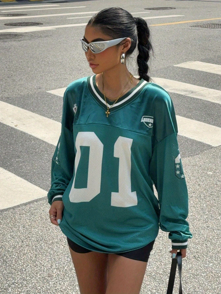 Dames Oversized Football Shirt Met Nummerprint En Patches in Groen