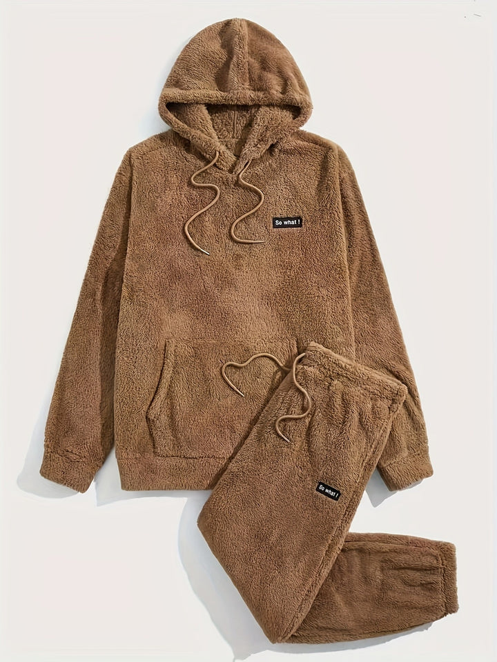 Heren Teddy Fleece Huispak Met Capuchon En Joggingbroek in Bruin