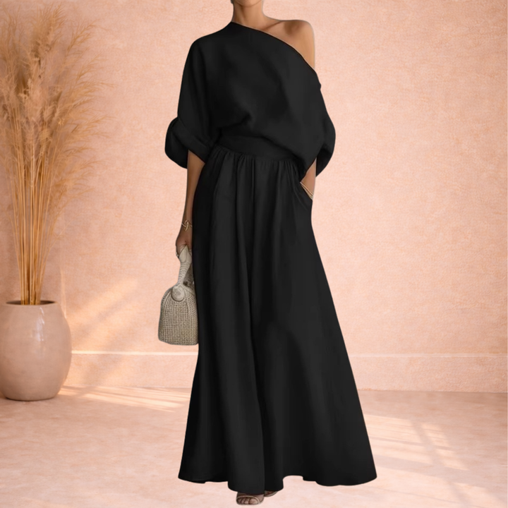 Dames Tweedelige Set Met One Shoulder Top En Wijde Broek in Zwart