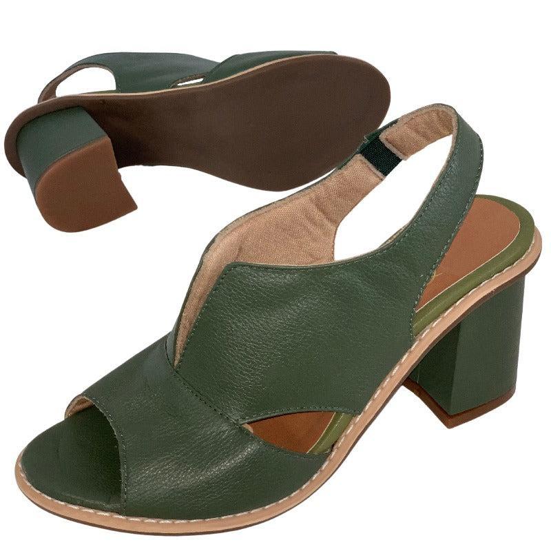 Dames Peeptoe Sandalen Met Stevige Blokhak En Slingback Bandje in Donkergroen zool en hak