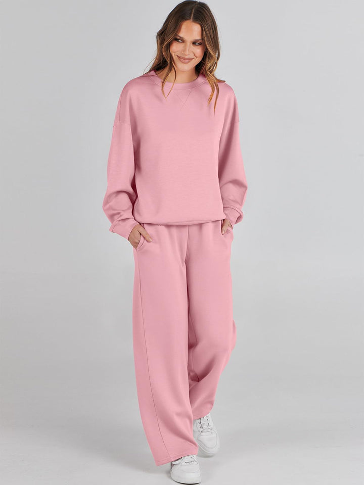 Dames Comfortabele Tweedelige Sweater Set Met Hoge Taille in Roze