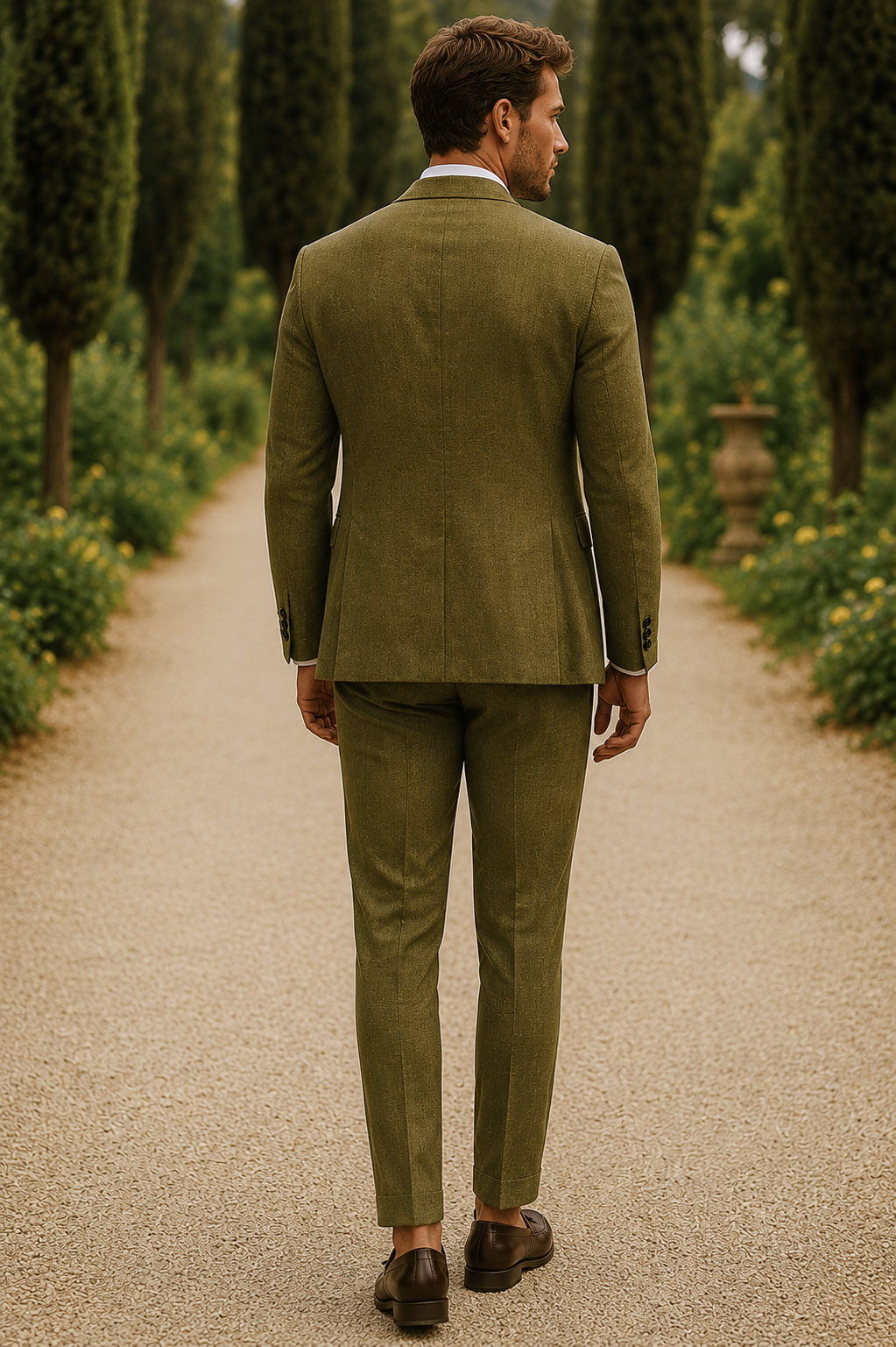 Heren Slim Fit Pak In Linnenlook Met Colbert En Pantalon in Olijfgroen, achteraanzicht