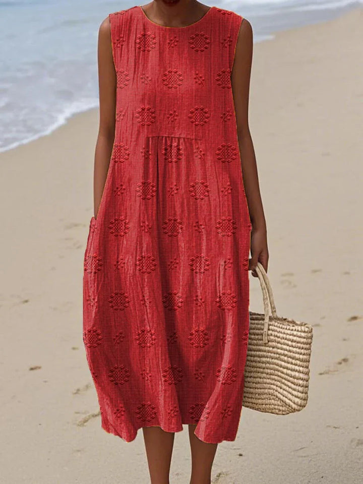 Dames Mouwloze Midi Jurk Met Ronde Hals En Jacquardpatroon in Rood
