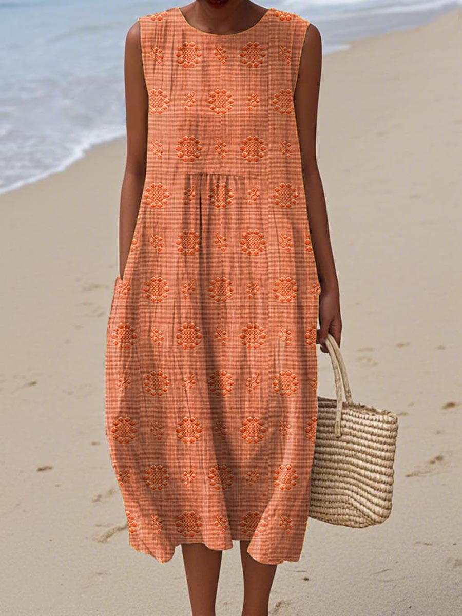 Dames Mouwloze Midi Jurk Met Ronde Hals En Jacquardpatroon in Oranje