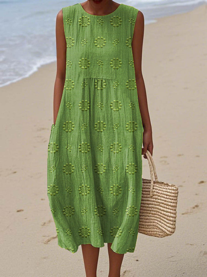 Dames Mouwloze Midi Jurk Met Ronde Hals En Jacquardpatroon in Groen