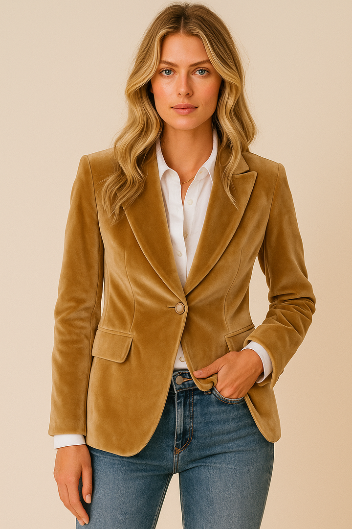 Dames Elegante Fluwelen Look Blazer Met Gouden Knoopsluiting detailfoto 18