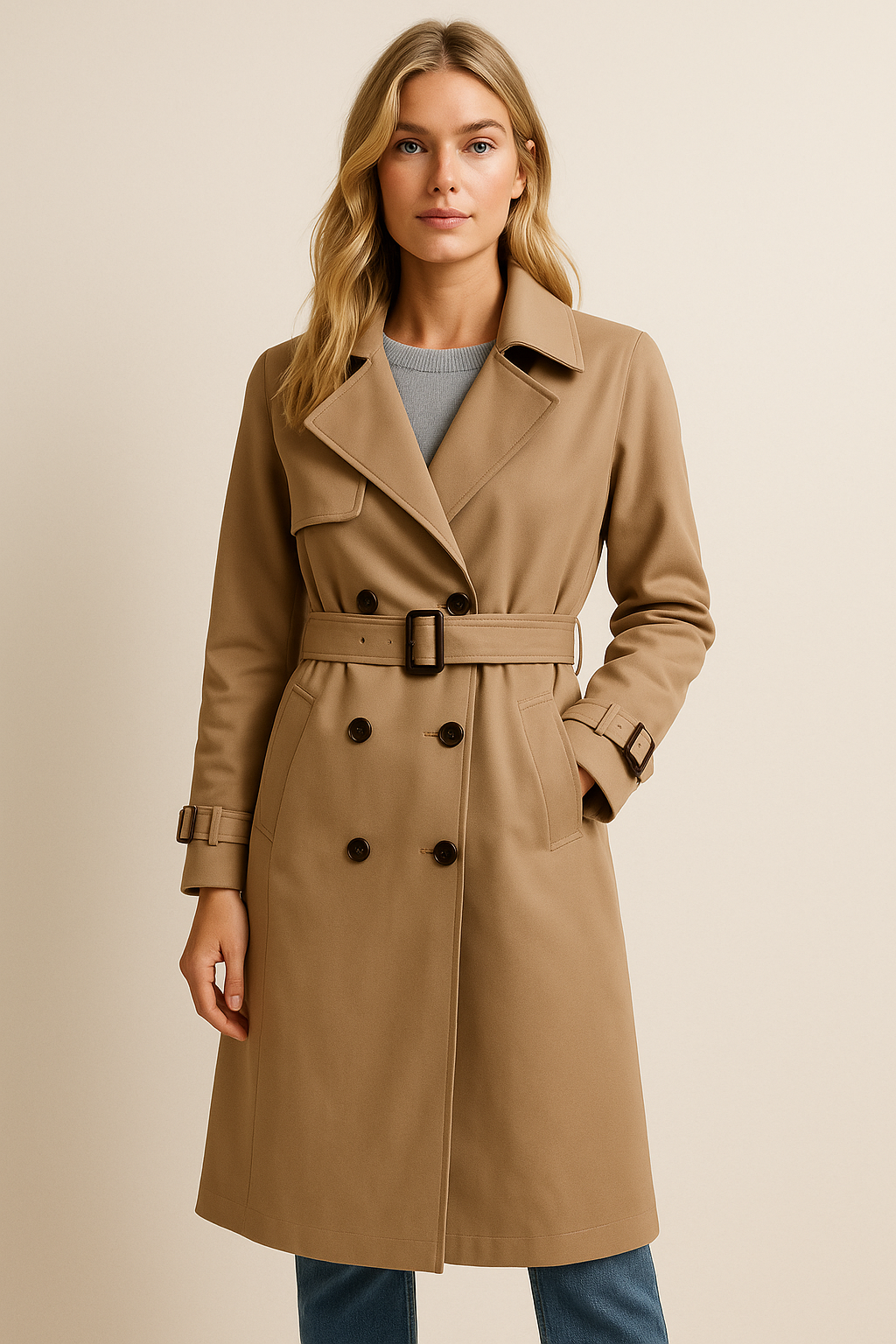 Dames Klassieke Halflange Trenchcoat Met Verstelbare Tailleband detailfoto 18