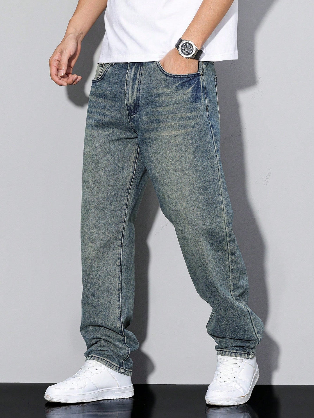 Heren Baggy Jeans Met Losse Pasvorm En Wijde Pijpen in Petrol