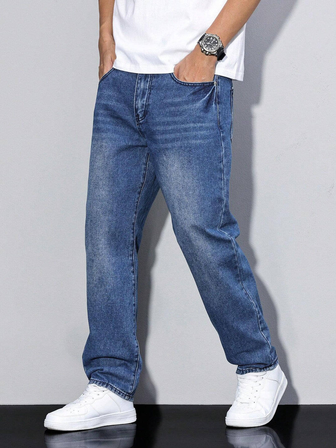 Heren Baggy Jeans Met Losse Pasvorm En Wijde Pijpen in Donkerblauw