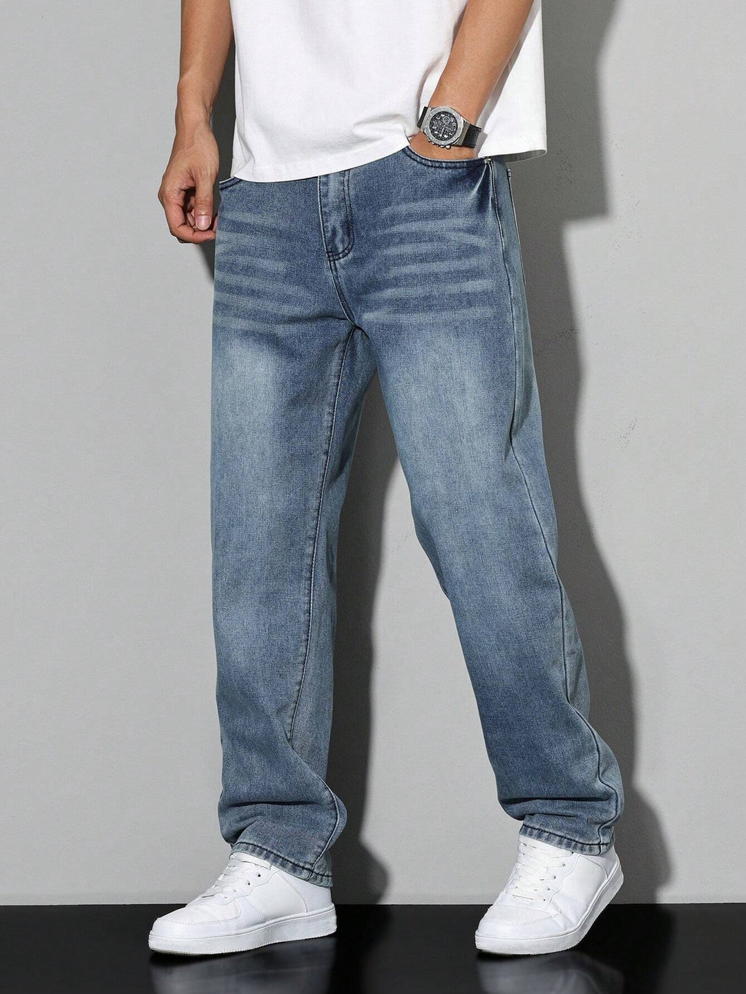 Heren Wijde Spijkerbroek Met Washed Look En Rechte Pijp in Cyaanblauw