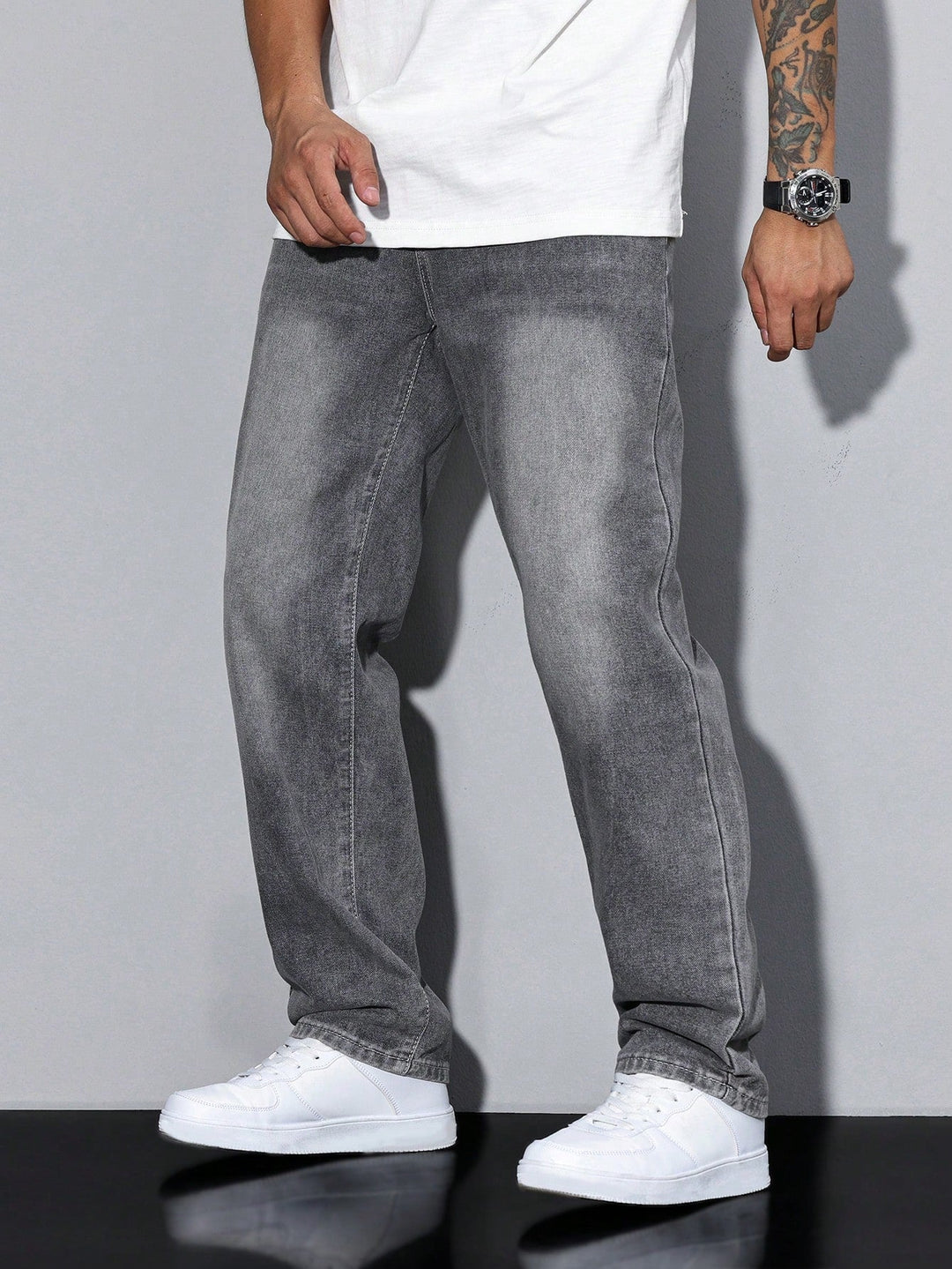 Heren Wijde Spijkerbroek Met Washed Look En Rechte Pijp detailfoto 5