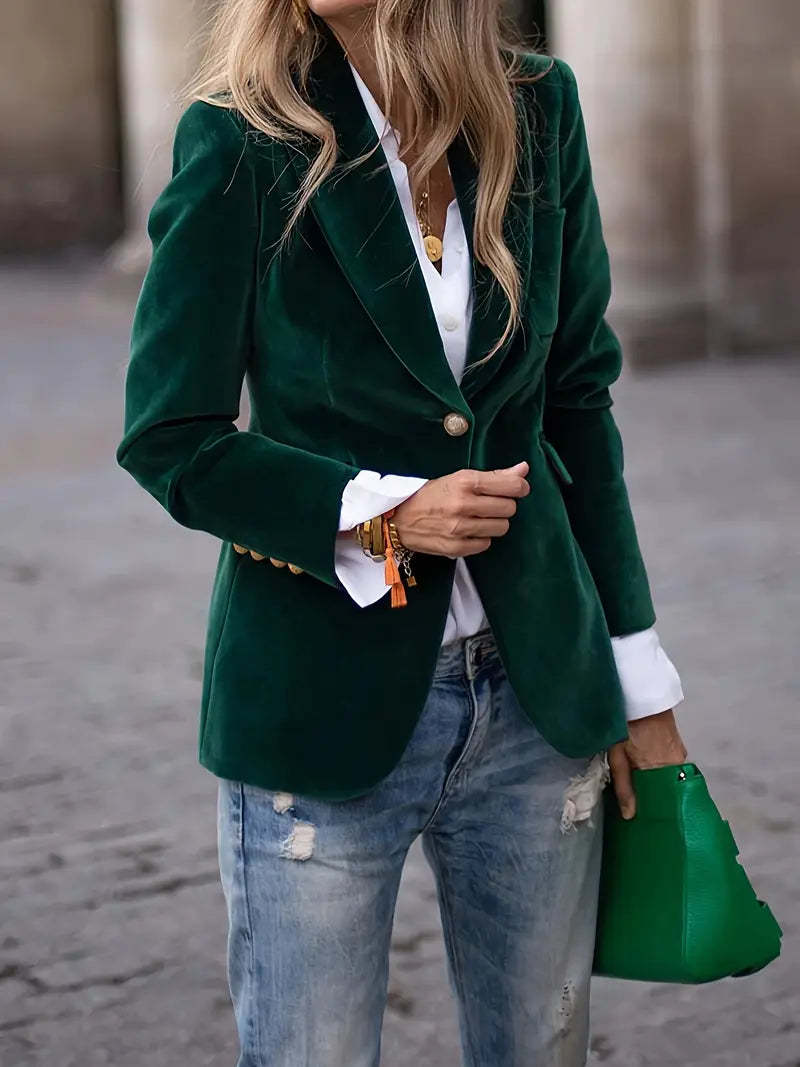 Dames Elegante Fluwelen Look Blazer Met Gouden Knoopsluiting in Groen