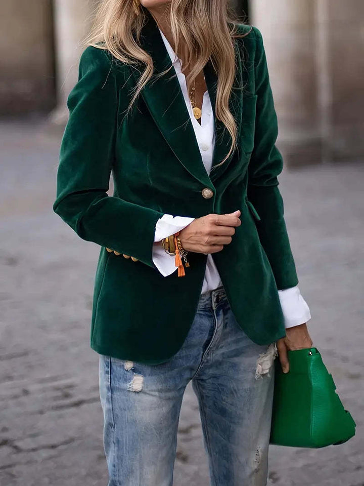 Dames Elegante Fluwelen Look Blazer Met Gouden Knoopsluiting in Groen
