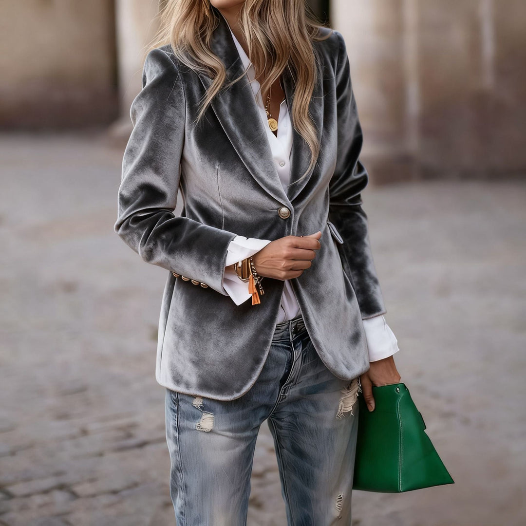 Dames Elegante Fluwelen Look Blazer Met Gouden Knoopsluiting in Grijs