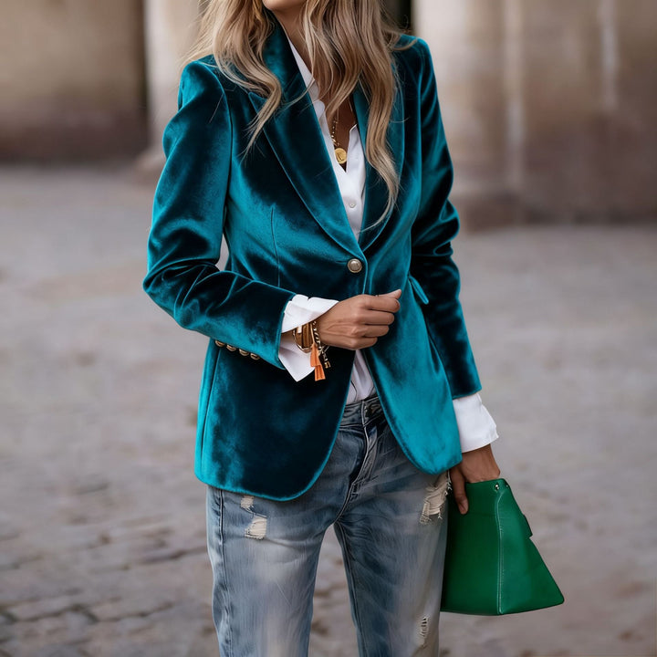 Dames Elegante Fluwelen Look Blazer Met Gouden Knoopsluiting in Turquoise