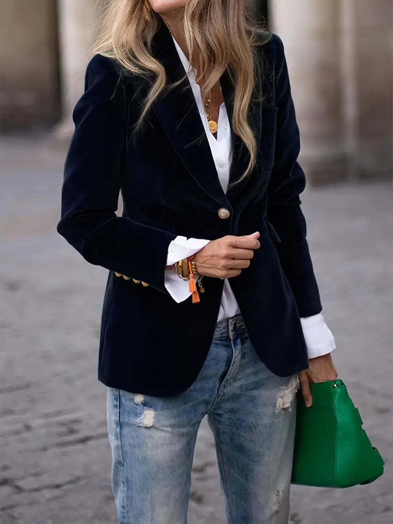 Dames Elegante Fluwelen Look Blazer Met Gouden Knoopsluiting in Zwart