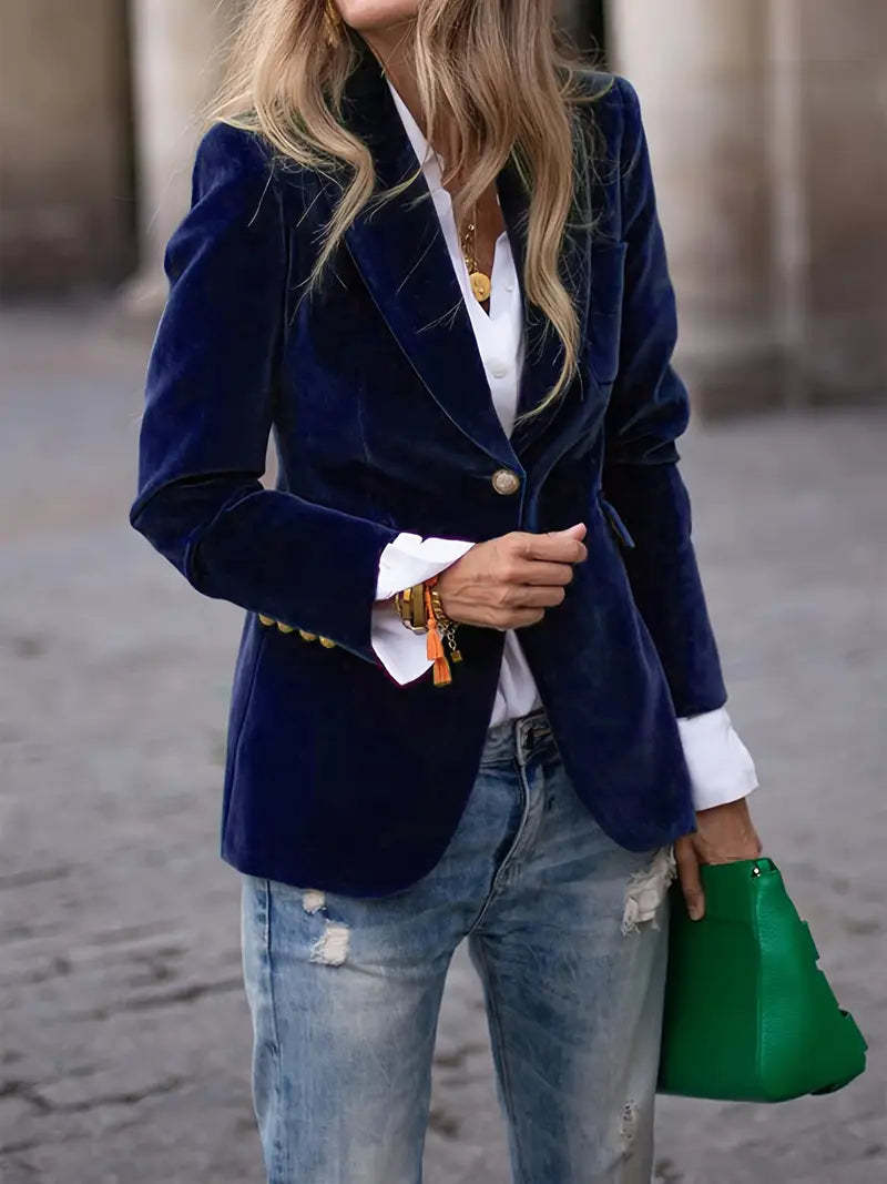 Dames Elegante Fluwelen Look Blazer Met Gouden Knoopsluiting in Blauw
