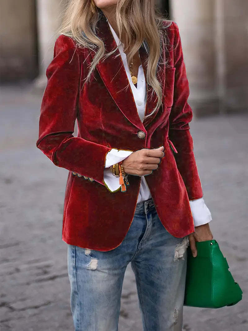 Dames Elegante Fluwelen Look Blazer Met Gouden Knoopsluiting in Rood