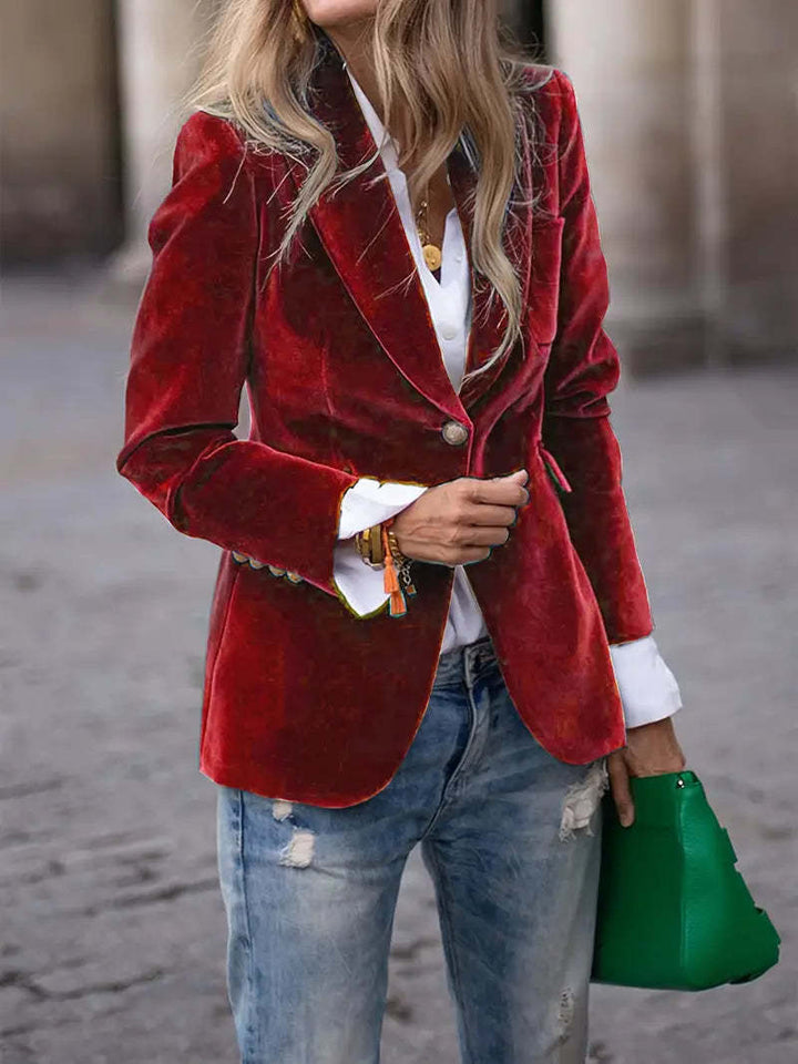 Dames Elegante Fluwelen Look Blazer Met Gouden Knoopsluiting in Rood