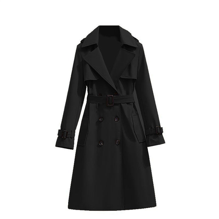Dames Klassieke Halflange Trenchcoat Met Verstelbare Tailleband in Zwart