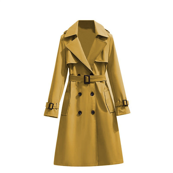 Dames Klassieke Halflange Trenchcoat Met Verstelbare Tailleband in Geel