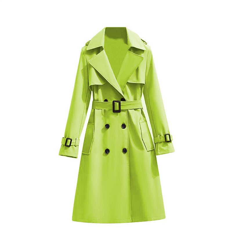 Dames Klassieke Halflange Trenchcoat Met Verstelbare Tailleband in Limoengroen