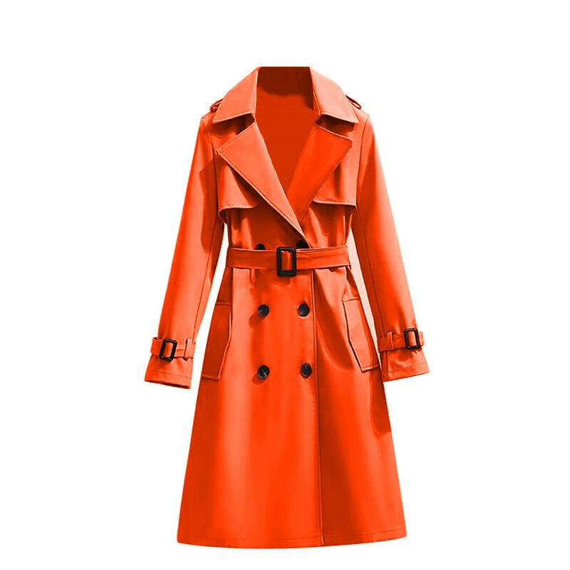 Dames Klassieke Halflange Trenchcoat Met Verstelbare Tailleband in Oranje